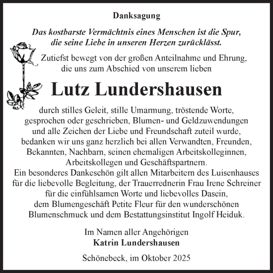 Traueranzeige von Lutz Lundershausen von Volksstimme Schönebeck