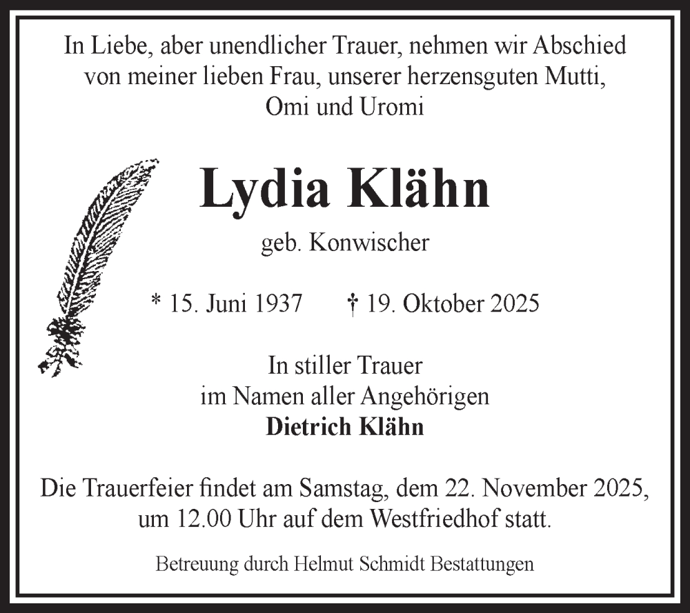  Traueranzeige für Lydia Klähn vom 25.10.2025 aus Volksstimme Magdeburg