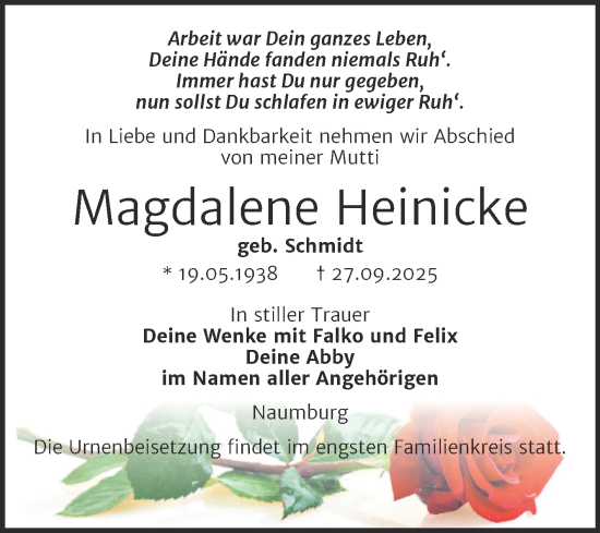Traueranzeige von Magdalene Heinicke von Super Sonntag Naumburg/Nebra