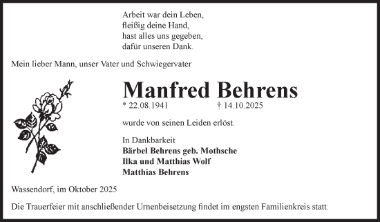 Traueranzeige von Manfred Behrens von Volksstimme Altmark West