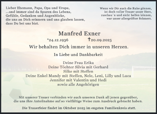 Traueranzeige von Manfred Exner von Super Sonntag Naumburg/Nebra