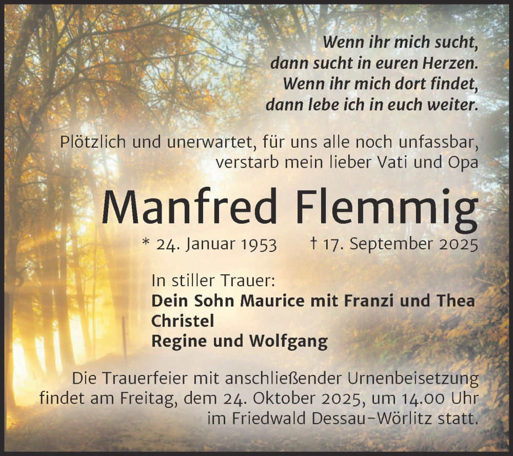  Traueranzeige für Manfred Flemmig vom 04.10.2025 aus Trauerkombi Dessau