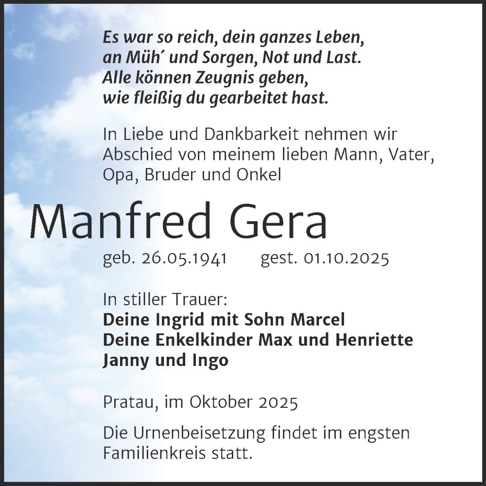  Traueranzeige für Manfred Gera vom 11.10.2025 aus Trauerkombi Wittenberg