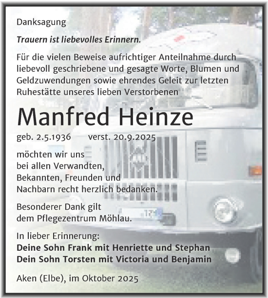 Traueranzeige von Manfred Heinze von Trauerkombi Köthen