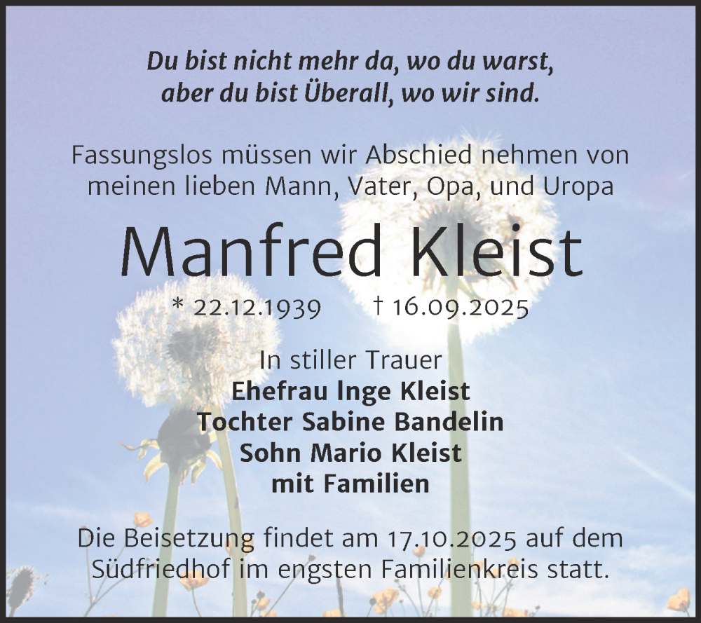  Traueranzeige für Manfred Kleist vom 11.10.2025 aus Mitteldeutsche Zeitung Halle/Saalkreis