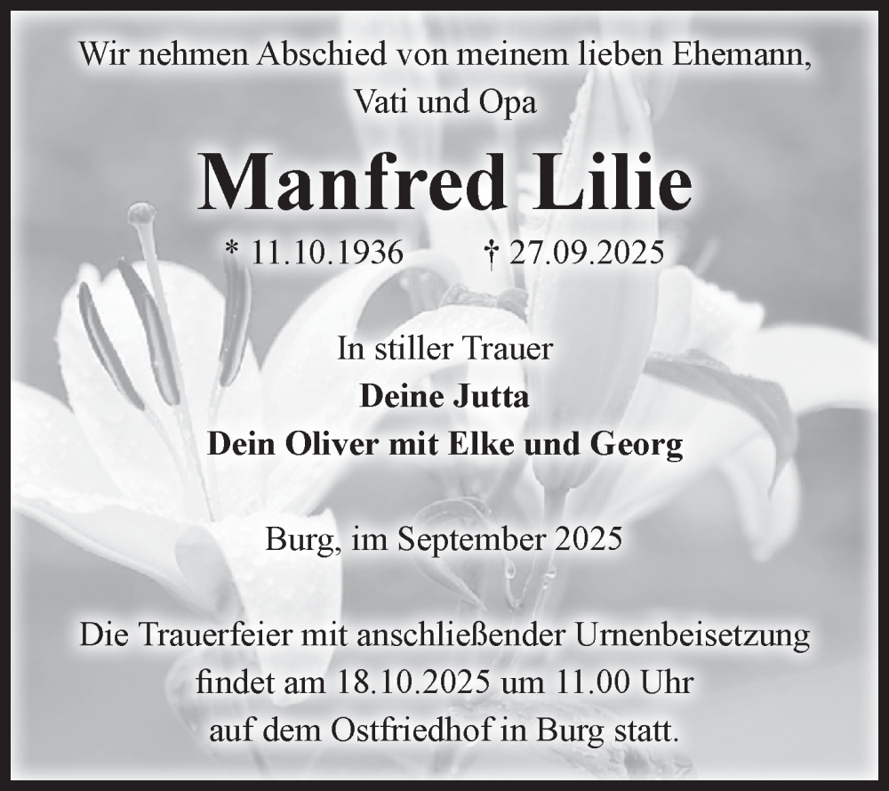  Traueranzeige für Manfred Lilie vom 11.10.2025 aus Volksstimme Burg/Genthin