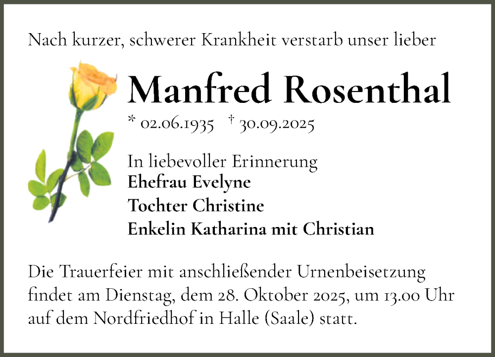  Traueranzeige für Manfred Rosenthal vom 11.10.2025 aus Mitteldeutsche Zeitung Halle/Saalkreis