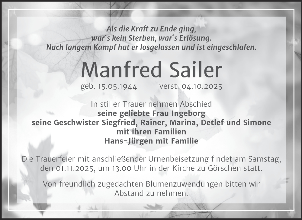  Traueranzeige für Manfred Sailer vom 18.10.2025 aus Super Sonntag Naumburg/Nebra