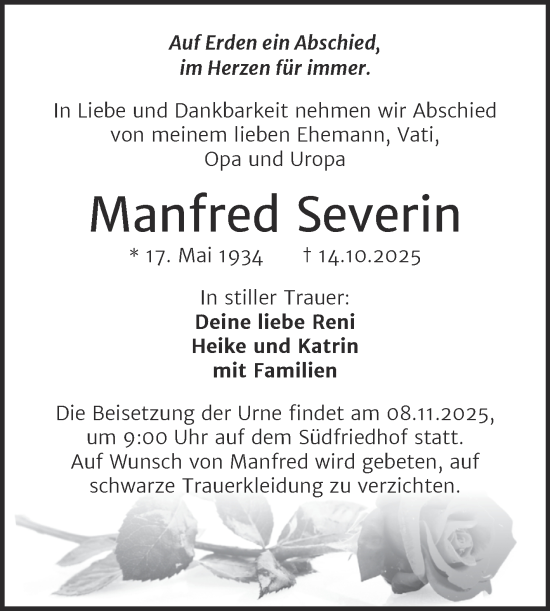 Traueranzeige von Manfred Severin von Mitteldeutsche Zeitung Halle/Saalkreis