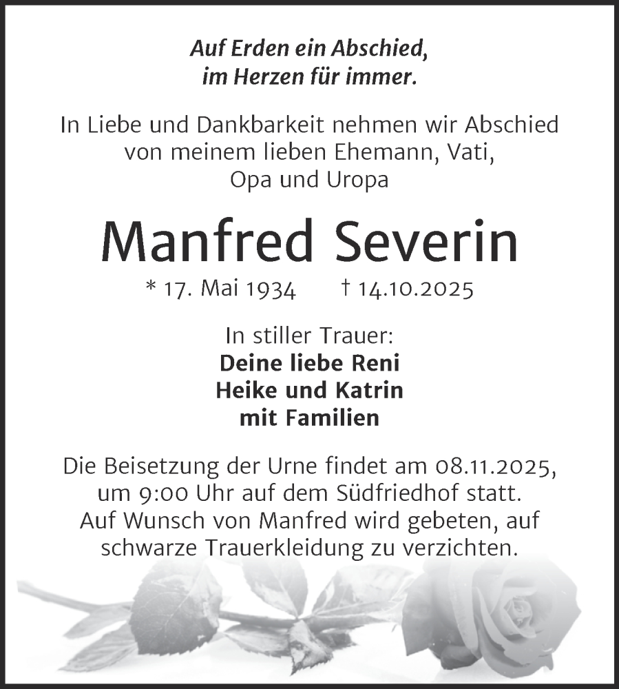  Traueranzeige für Manfred Severin vom 25.10.2025 aus Mitteldeutsche Zeitung Halle/Saalkreis
