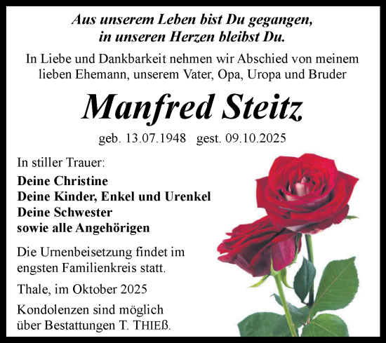 Traueranzeige von Manfred Steitz von Trauerkombi Quedlinburg