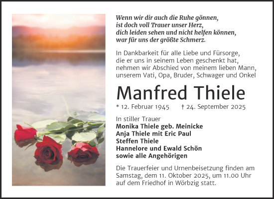 Traueranzeige von Manfred Thiele von Trauerkombi Köthen