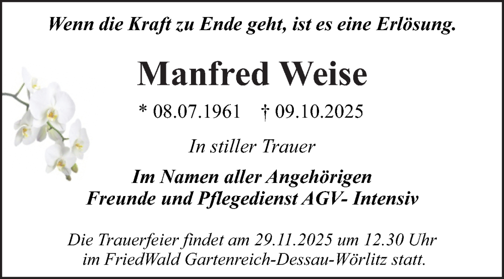  Traueranzeige für Manfred Weise vom 25.10.2025 aus Trauerkombi Dessau