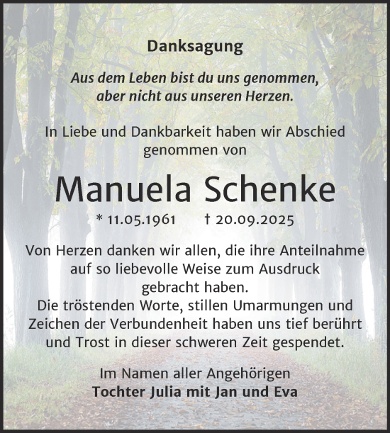 Traueranzeige von Manuela Schenke von Trauerkombi Wittenberg