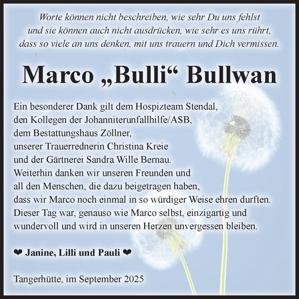  Traueranzeige für Marco Bullwan vom 04.10.2025 aus Volksstimme Altmark Ost