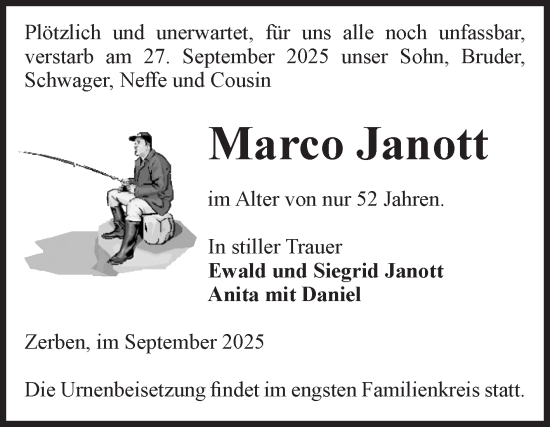 Traueranzeige von Marco Janott von Volksstimme Burg/Genthin