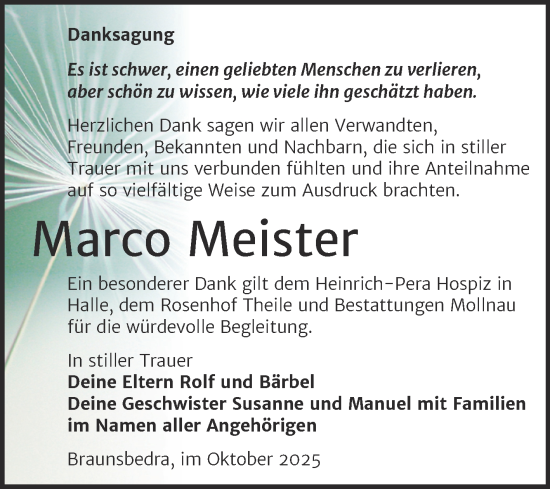 Traueranzeige von Marco Meister von Trauerkombi Merseburg