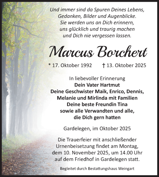 Traueranzeige von Marcus Borchert von Volksstimme Altmark West