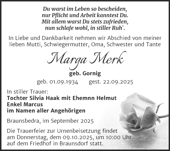 Traueranzeige von Marga Merk von Trauerkombi Merseburg