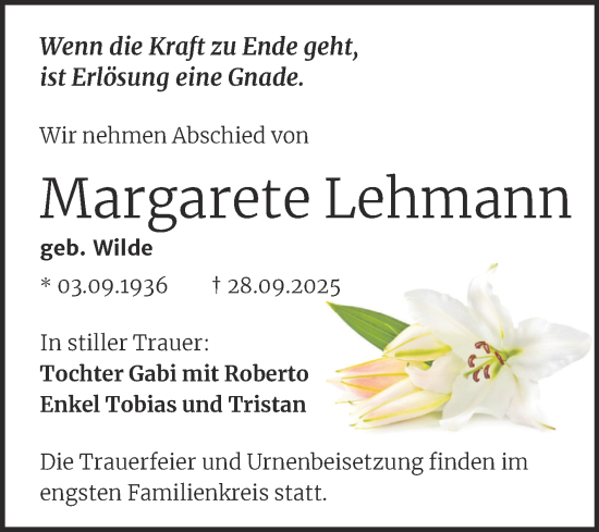 Traueranzeige von Margarete Lehmann von Trauerkombi Köthen