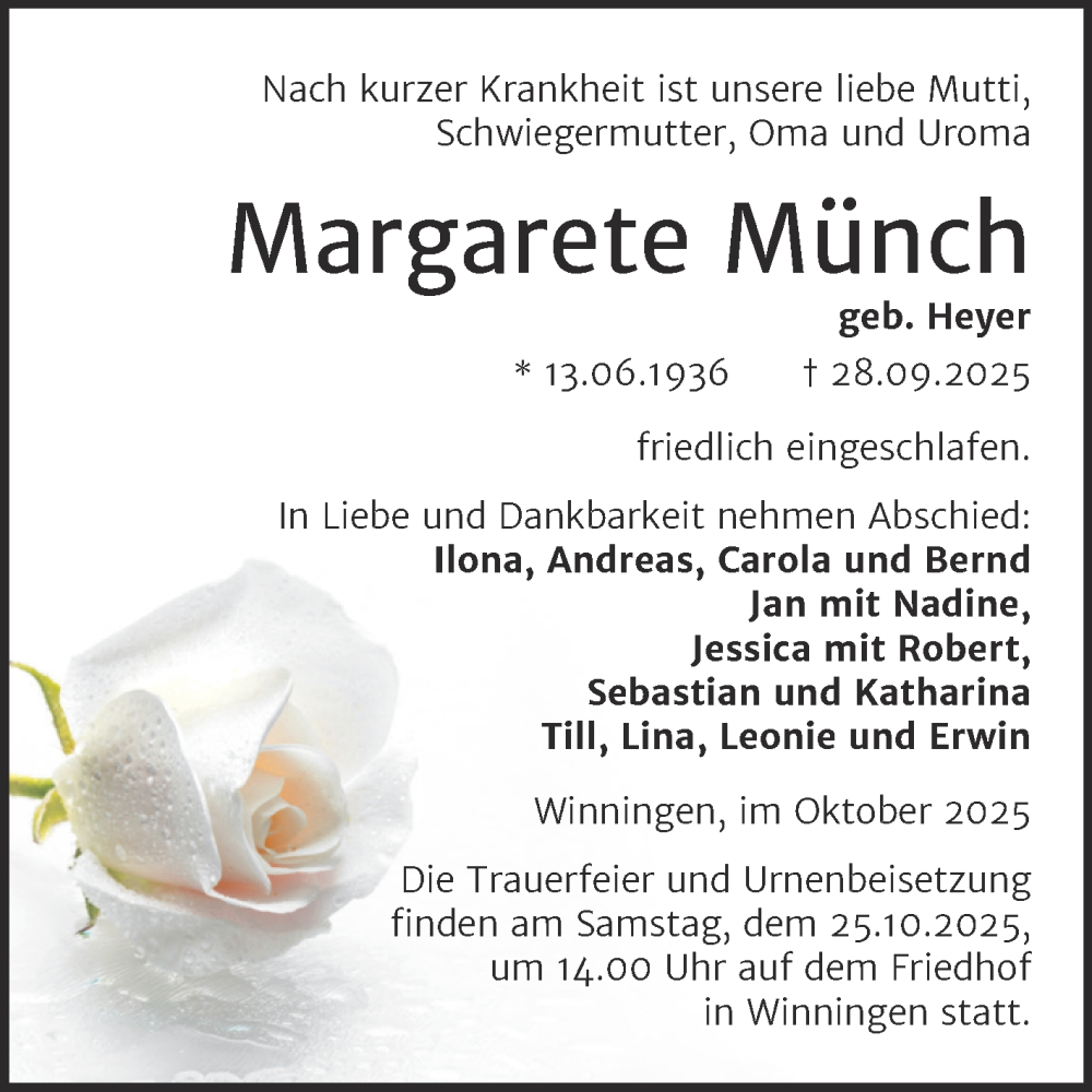  Traueranzeige für Margarete Münch vom 11.10.2025 aus Trauerkombi Aschersleben