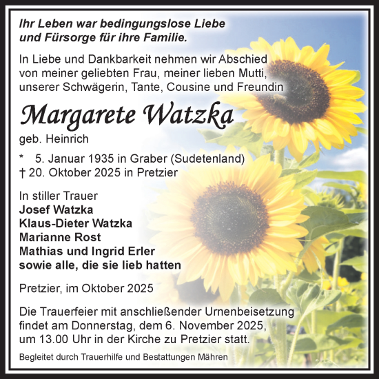 Traueranzeige von Margarete Watzka von Volksstimme Altmark West