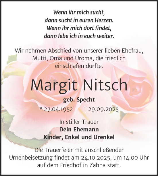 Traueranzeige von Margit Nitsch von Trauerkombi Wittenberg