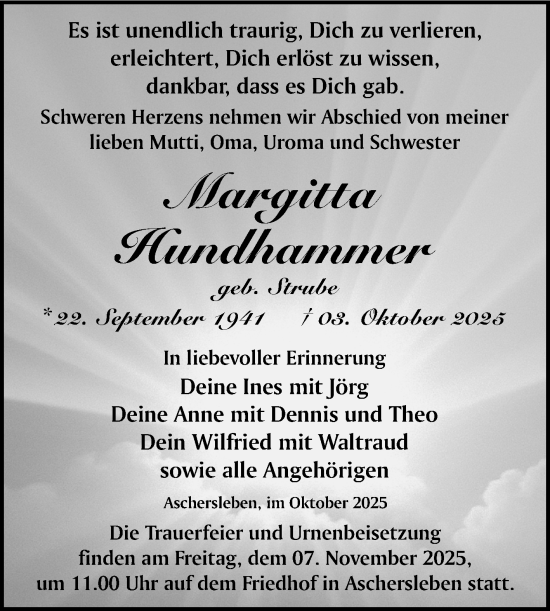 Traueranzeige von Margitta Hundhammer von Trauerkombi Aschersleben