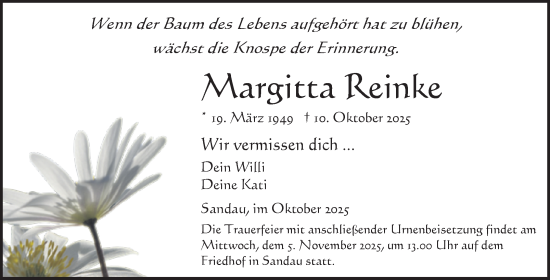 Traueranzeige von Margitta Reinke von Volksstimme Altmark Ost