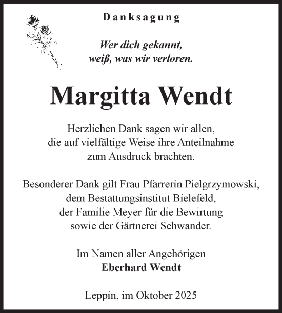 Traueranzeige von Margitta Wendt von Volksstimme Altmark Ost