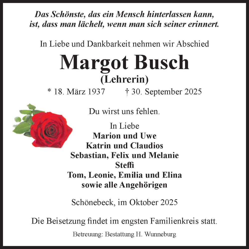 Traueranzeige für Margot Busch vom 18.10.2025 aus Volksstimme Schönebeck