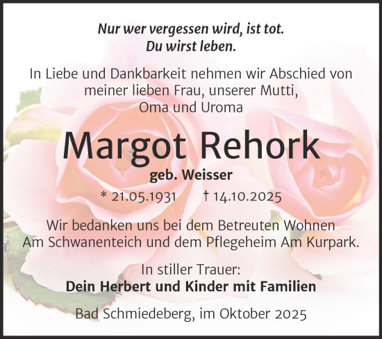 Traueranzeige von Margot Rehork von Trauerkombi Wittenberg