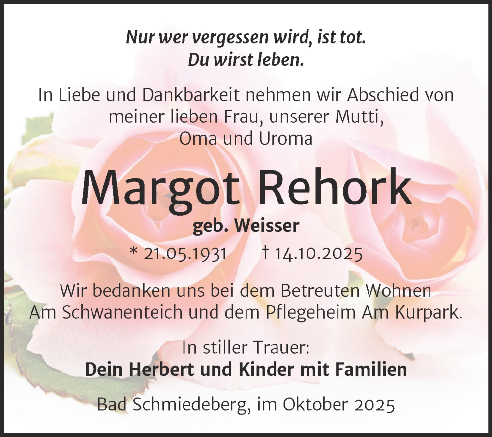  Traueranzeige für Margot Rehork vom 25.10.2025 aus Trauerkombi Wittenberg