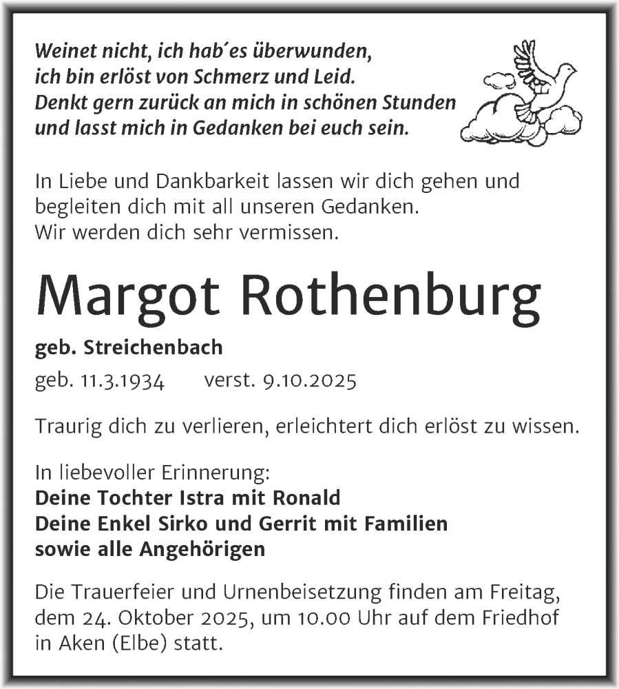  Traueranzeige für Margot Rothenburg vom 18.10.2025 aus Trauerkombi Köthen
