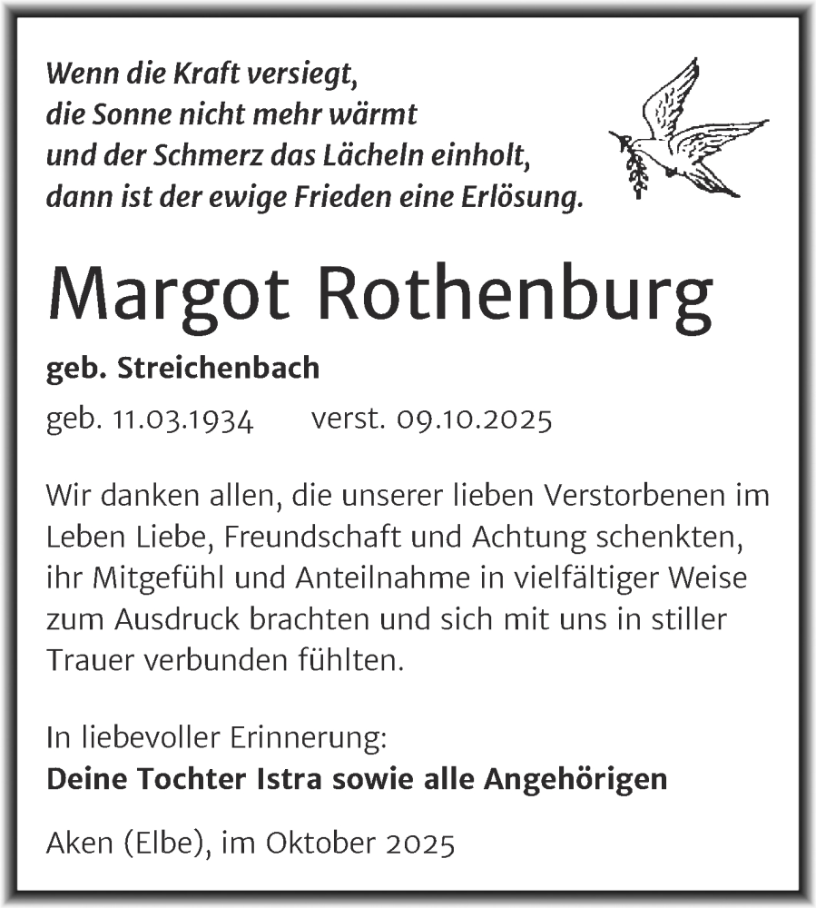  Traueranzeige für Margot Rothenburg vom 25.10.2025 aus Trauerkombi Köthen