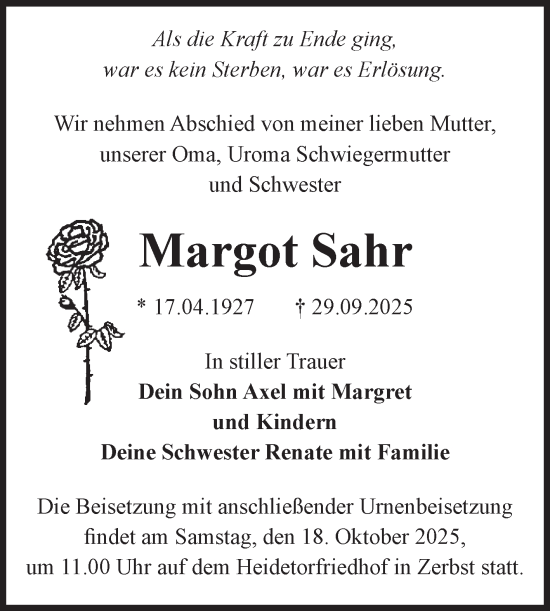 Traueranzeige von Margot Sahr von Volksstimme Zerbst