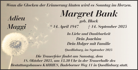 Traueranzeige von Margret Bank von Trauerkombi Quedlinburg