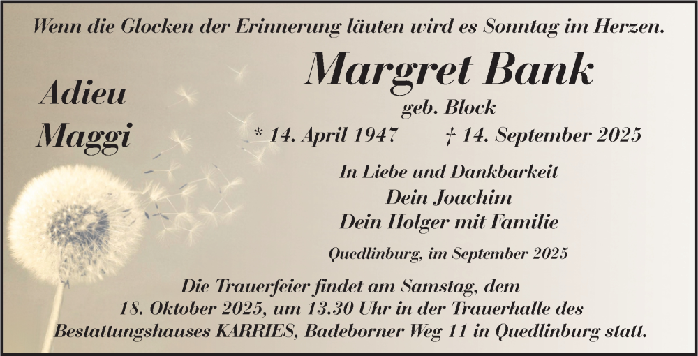  Traueranzeige für Margret Bank vom 04.10.2025 aus Trauerkombi Quedlinburg