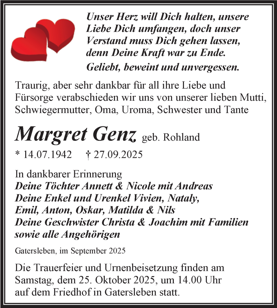  Traueranzeige für Margret Genz vom 04.10.2025 aus Trauerkombi Aschersleben