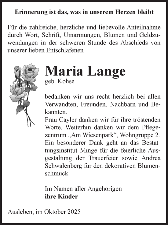 Traueranzeige von Maria Lange von Volksstimme Oschersleben/Wanzleben