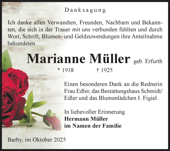 Traueranzeige von Marianne Müller von Volksstimme Schönebeck