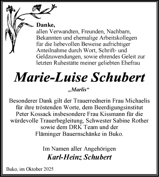 Traueranzeige von Marie-Luise Schubert von Trauerkombi Wittenberg