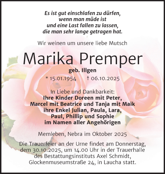 Traueranzeige von Marika Premper von Super Sonntag Naumburg/Nebra