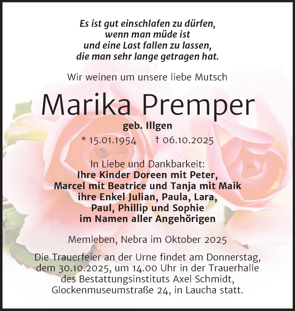  Traueranzeige für Marika Premper vom 18.10.2025 aus Super Sonntag Naumburg/Nebra