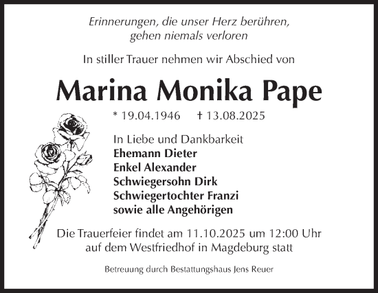 Traueranzeige von Marina Monika Pape von Volksstimme Magdeburg