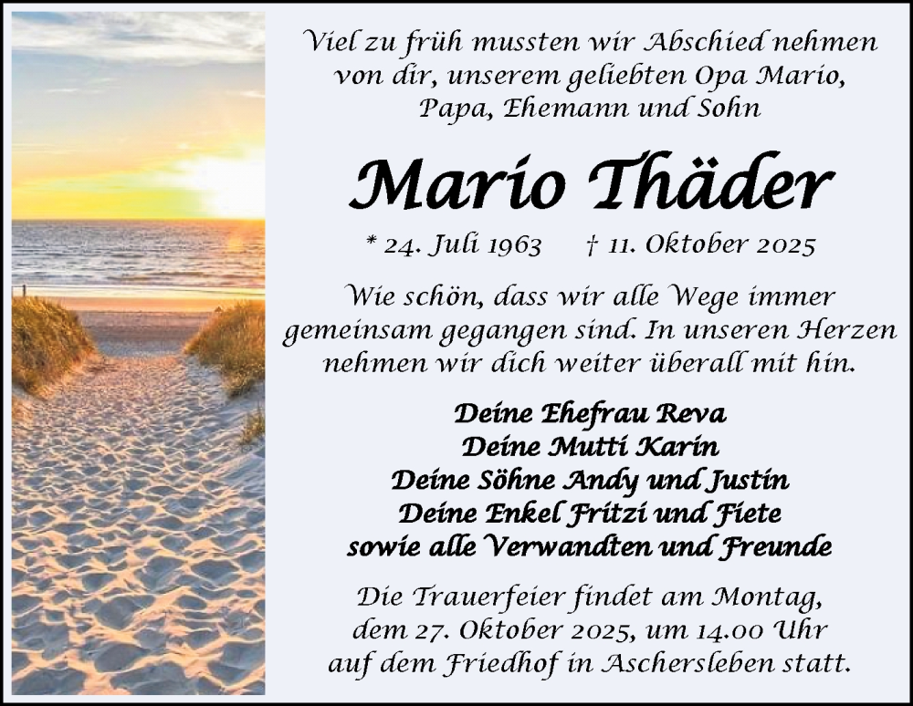  Traueranzeige für Mario Thäder vom 18.10.2025 aus Trauerkombi Aschersleben