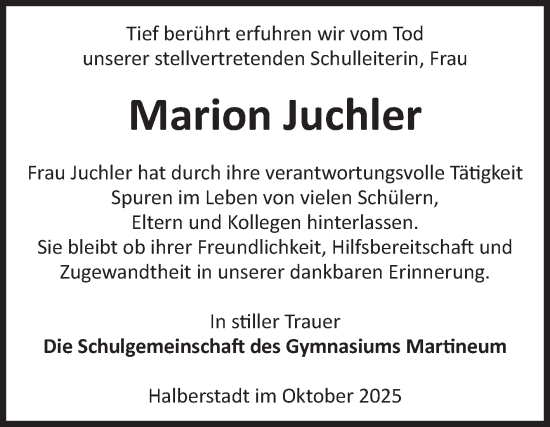 Traueranzeige von Marion Juchler von Volksstimme Halberstadt