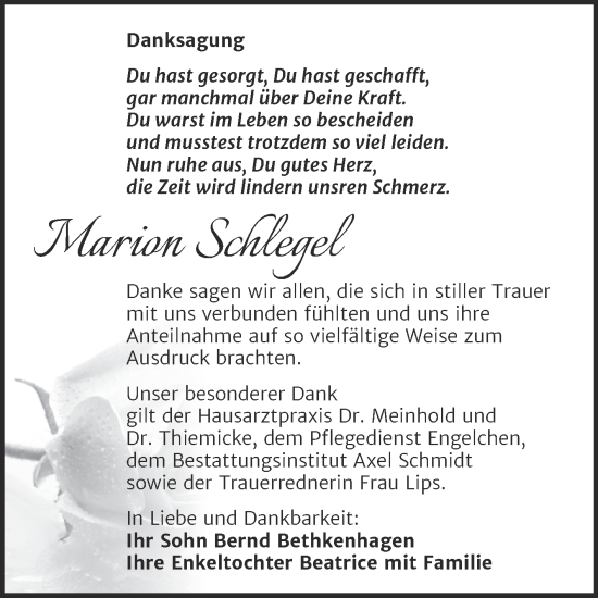 Traueranzeige von Marion Schlegel von Super Sonntag Naumburg/Nebra