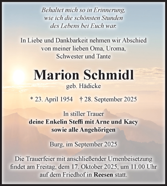 Traueranzeige von Marion Schmidl von Volksstimme Burg/Genthin