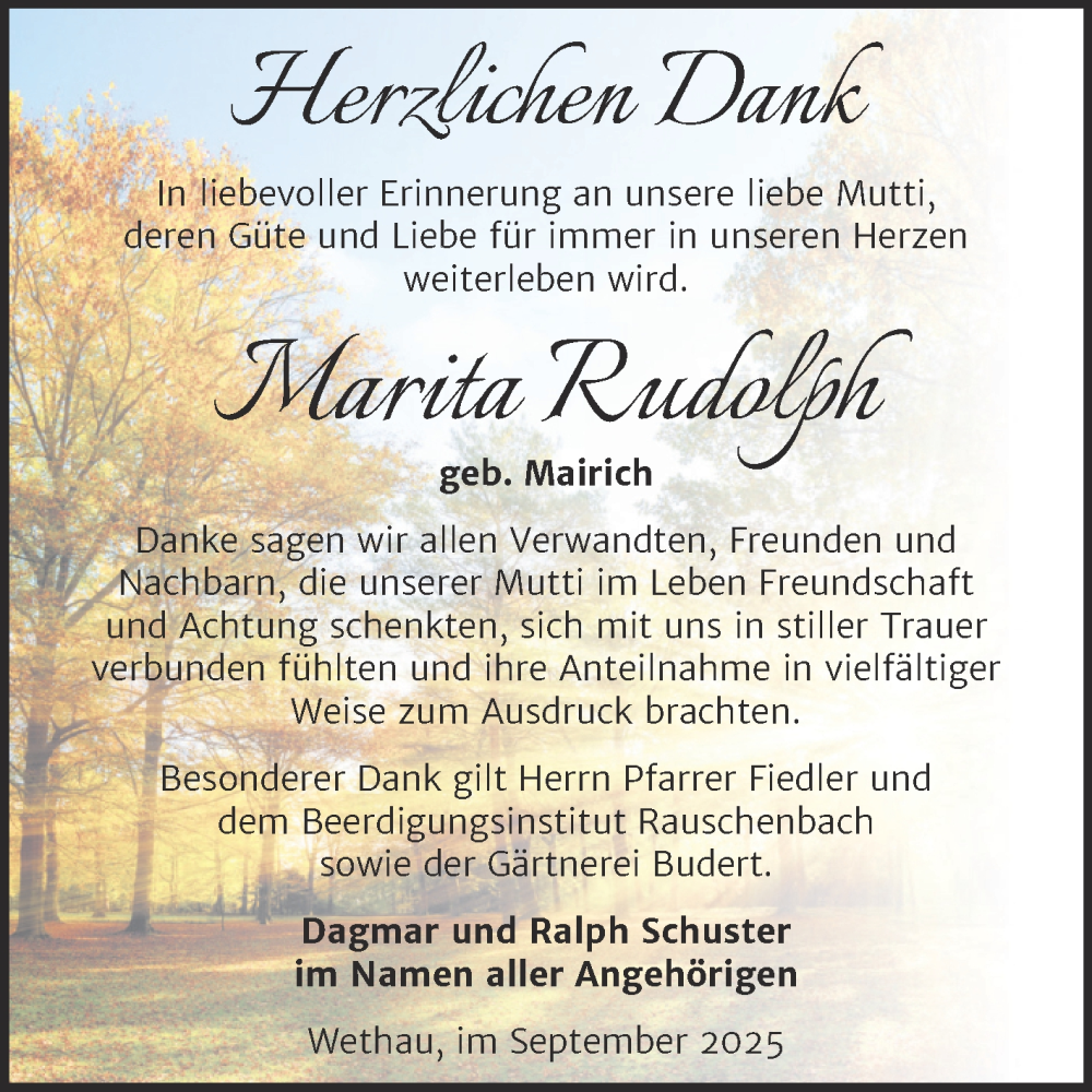  Traueranzeige für Marita Rudolph vom 25.10.2025 aus Super Sonntag Naumburg/Nebra
